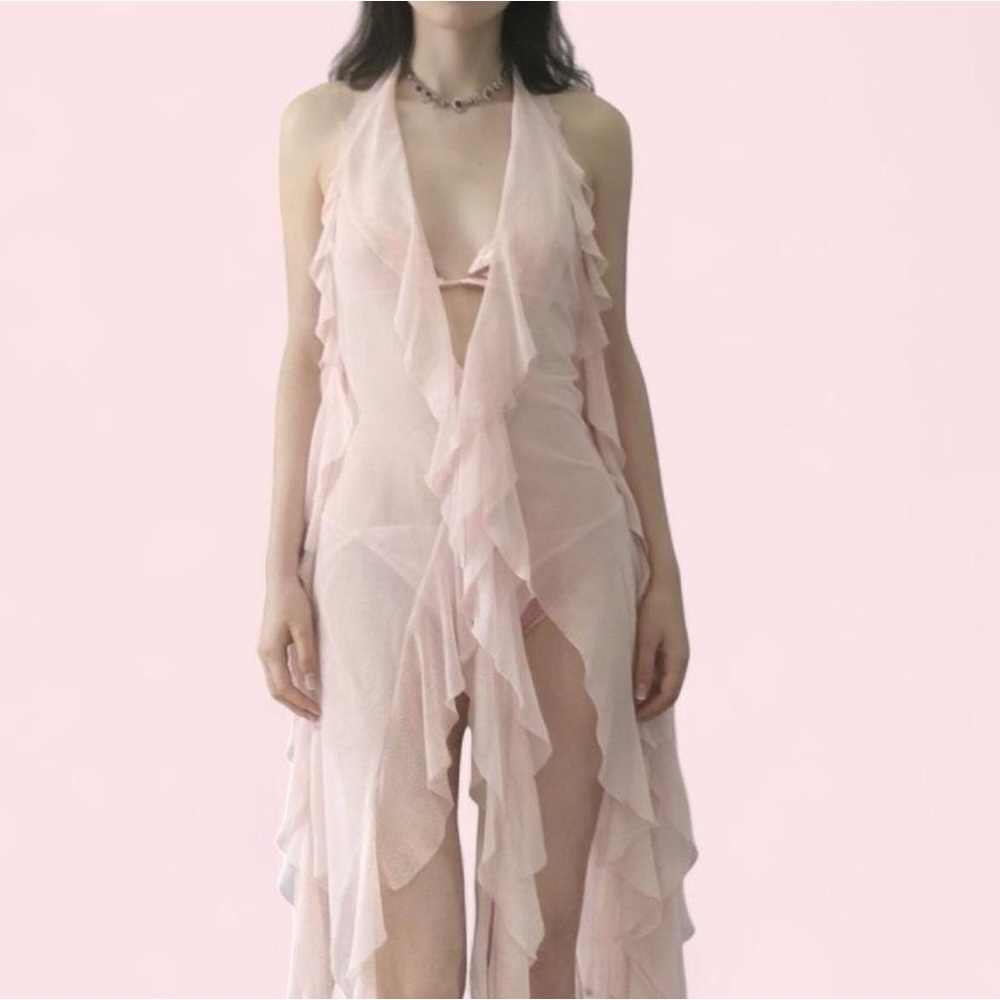 Sheer Pink Ruffle Cover-Up Sleeveless Beach Swimdress